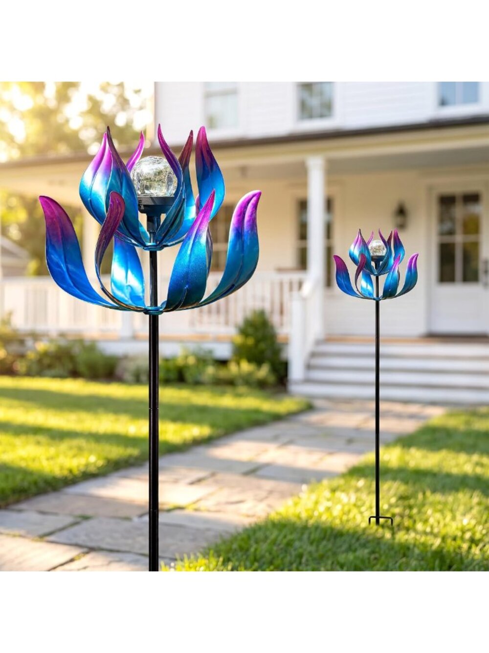 61'' Solar Wind Spinner - Large Metal Kinetic Garden Art with LED Crackle Globe - Picture 6 of 9